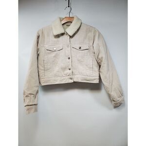 Forever 21 Corduroy Cropped Jacket Tan Faux Sherpa Women's Sz M Trucker‎